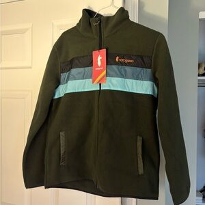 Cotopaxi Fleece Olive Jacket with Aqua and Black Accents